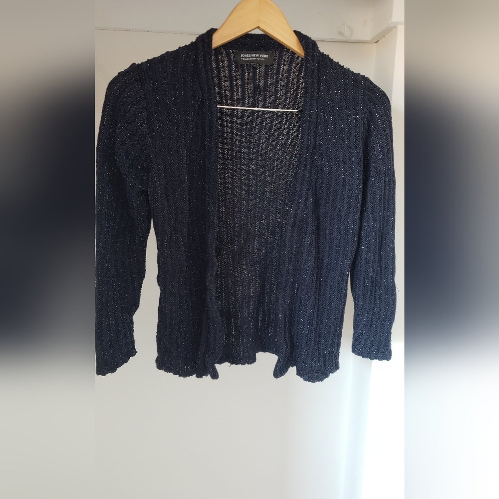 Navy Metallic Open-Front Cardigan